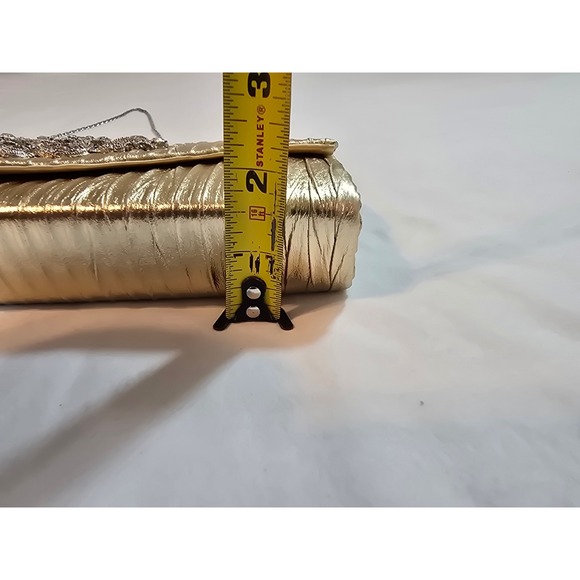 Raj Gold Metallic Pleated Clutch Evening Bag Rhinestone Embellished Chain Strap - Picture 9 of 9